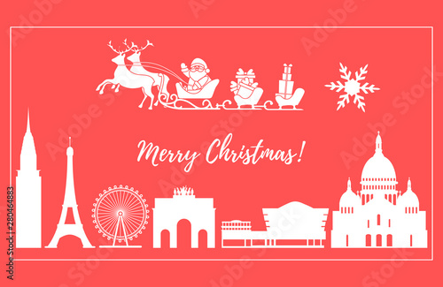 Santa Claus in sleigh flying over buildings.