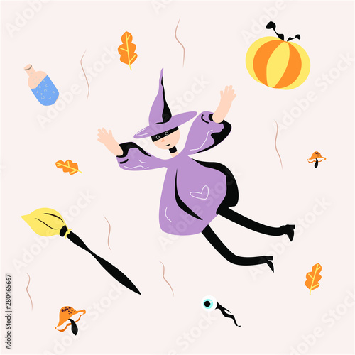 Halloween flying funny witch. Girl in halloween costume falls from the sky. Retro vintage.pumpkin, broom,poison, leaves autumne, creepy eyeballs.  I