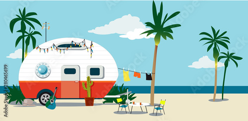 A camper trailer at the beach under palm trees, EPS 8 vector illustration	