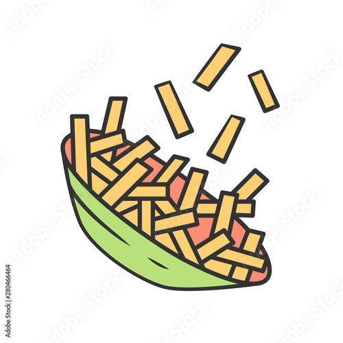 Fried potato color icon. French fries, chips in bowl. Fast food snack. Cafe, restaurant, bar menu. Delicious meal. Unhealthy nutrition. Junk food. Isolated vector illustration