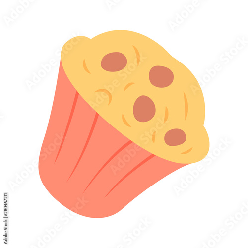Muffin flat design long shadow color icon. Cupcake with chocolate chips, berries, topping. Sweet shop, confectionery, pastry, bakery menu. Celebration cupcake. Vector silhouette illustration