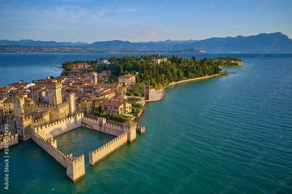 Aerial photography, the city of Sirmione on Lake Garda north of Italy.