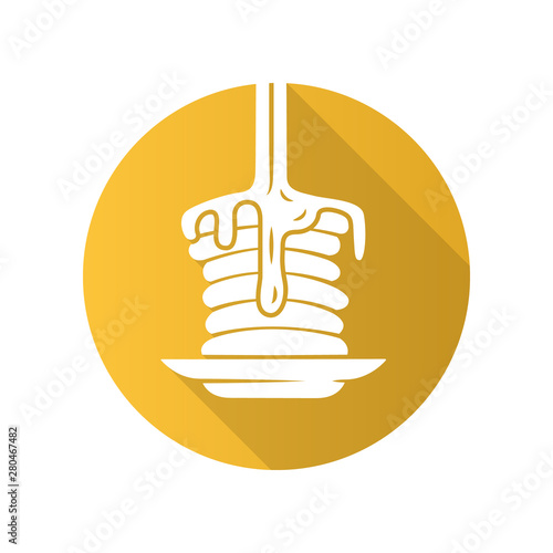 Pancakes with syrup flat design long shadow glyph icon. Traditional american breakfast. Homemade dessert. Sweet tasty pancake stack with honey. Restaurant, cafe menu. Vector silhouette illustration