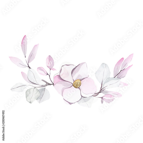 Watercolor tender branch of magnolia, leaves and buds. Pastel colors in a composition perfect for invitations, wedding cards, textile and more