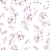Tender watercolor pattern of magnolia, small buds and pastel leaves. This seamless texture perfect for textile, wedding invitations, products for girl-kids, scrapbooking and paper wrapping