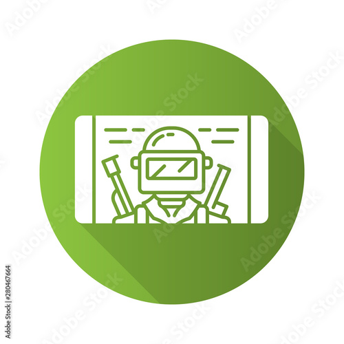 Mobile game flat design long shadow glyph icon. Shooter, battle royale smartphone game. Telephone screen with game soldier, warrior, player. Cybersport, esport app. Vector silhouette illustration