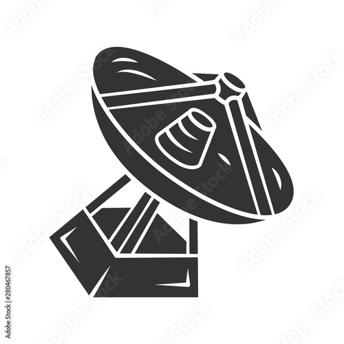 Radio telescope glyph icon. Antenna and radio receiver. Parabolic antenna. Tracking satellites and space probes. Starry sky study. Silhouette symbol. Negative space. Vector isolated illustration