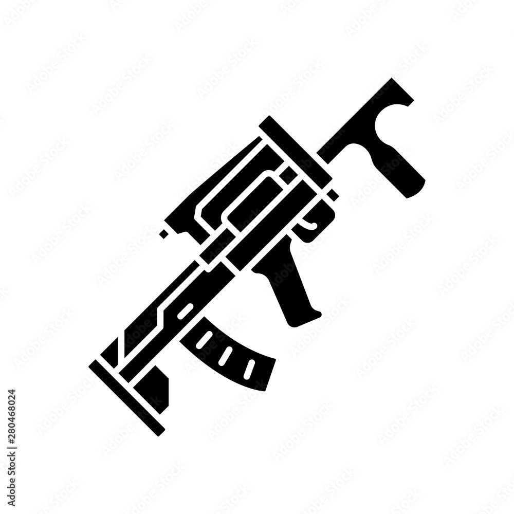 Groza weapon glyph icon. Virtual video game firearm, gun. Shooter game rifle, blaster. Esport sniper military inventory, equipment. Silhouette symbol. Negative space. Vector isolated illustration Groza weapon glyph icon. Virtual video game firearm, gun. Shooter game rifle, blaster. Esport sniper military inventory, equipment. Silhouette symbol. Negative space. Vector isolated illustration
