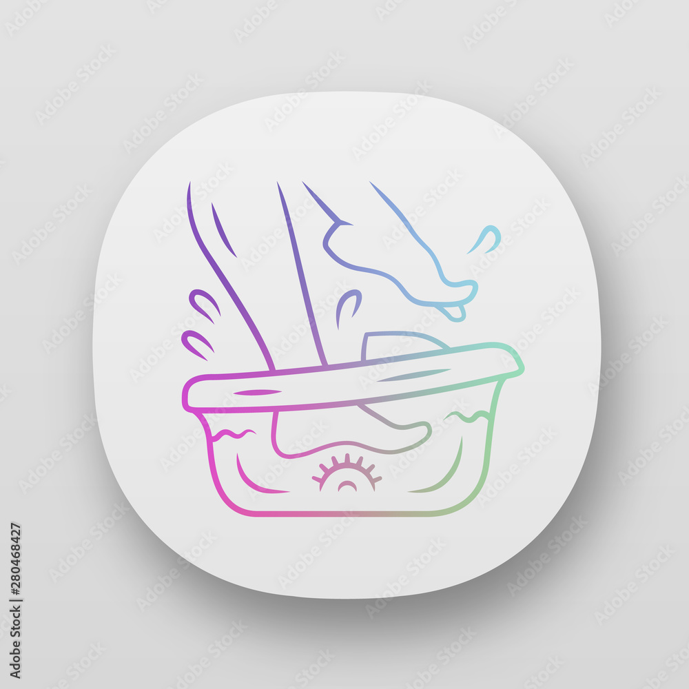 Foot spa bath massager app icon. Relaxing massage. Beauty device for home use. Pedicure electric instrument. UI/UX user interface. Web or mobile applications. Vector isolated illustrations Foot spa bath massager app icon. Relaxing massage. Beauty device for home use. Pedicure electric instrument. UI/UX user interface. Web or mobile applications. Vector isolated illustrations