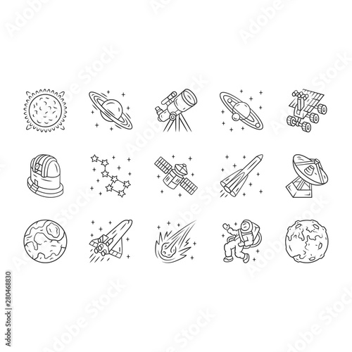 Astronomy linear icons set. Space exploration. Astronomical observations. Starry sky study. Astrophysics, astrology. Thin line contour symbols. Isolated vector outline illustrations. Editable stroke