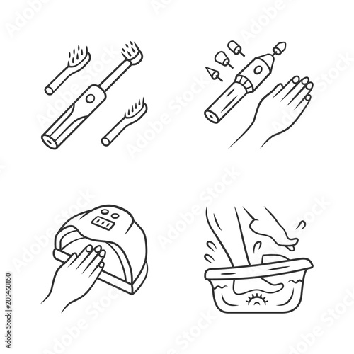 Beauty devices linear icons set. Electric toothbrush and foot spa bath massager. Electric manicure and nail dryer. Thin line contour symbols. Isolated vector outline illustrations. Editable stroke