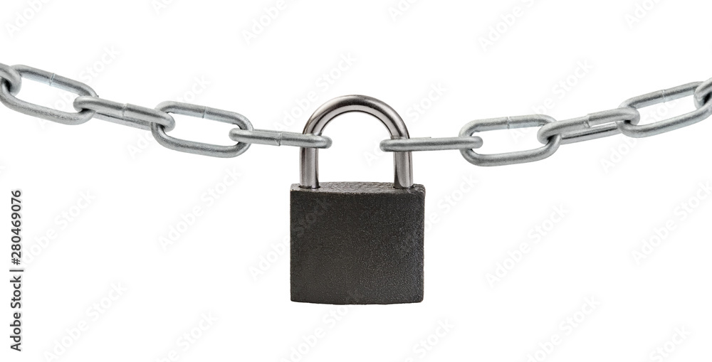 Locked padlock on metal chain isolated on white background. Protection, security and access concept. Locked padlock on metal chain isolated on white background. Protection, security and access concept.