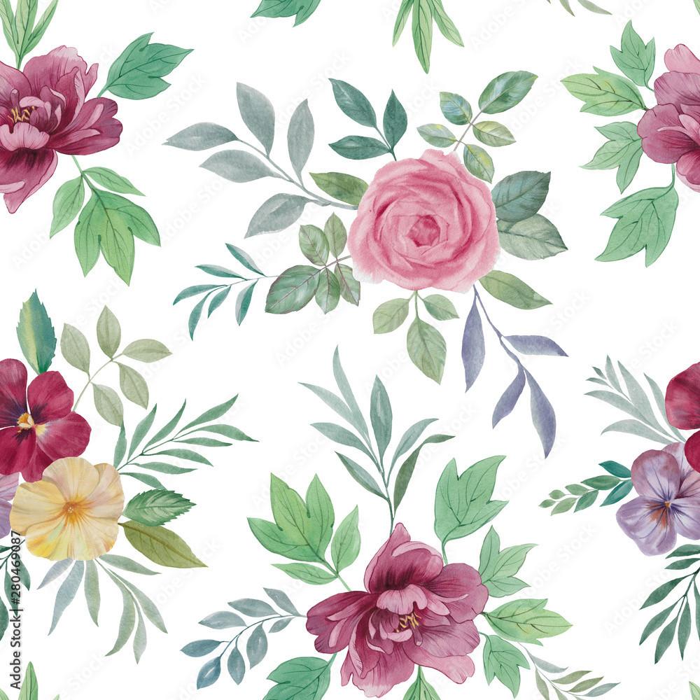 Seamless watercolor flowers pattern. Hand painted flowers. Flower pattern for design. Seamless floral pattern. Drawn flowers for packaging, wallpaper, fabric. roses flower and leaves.