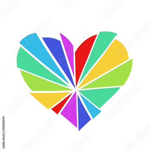 Shattered rainbow colored heart vector logo, isolated on a white background