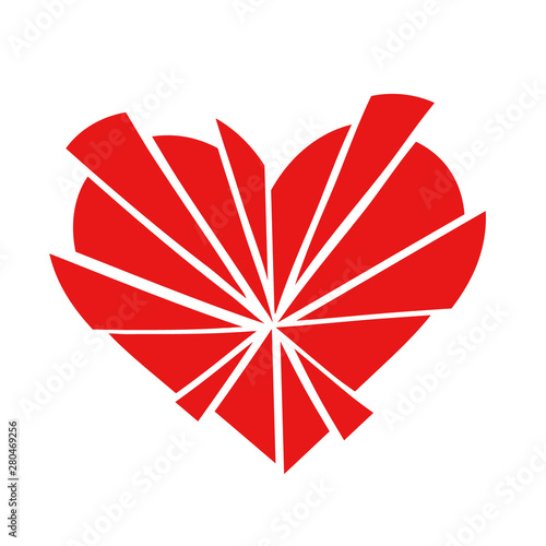 Shattered red love heart icon in 15 pieces, isolated on a white background