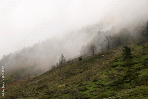 Mountainous landscape with fog in Lescun Valley, Pyrenees, France.