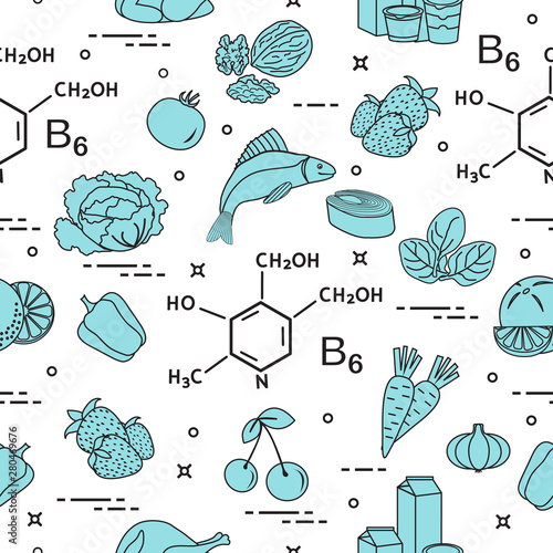 Seamless pattern with foods rich in vitamin B6.