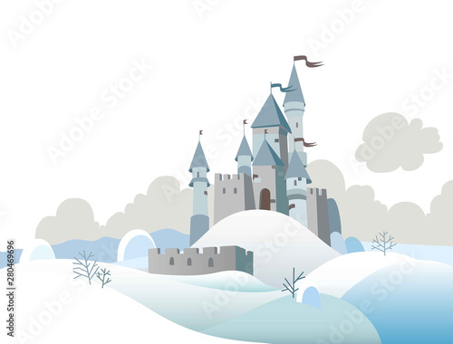 Winter landscape with cartoon medieval castle