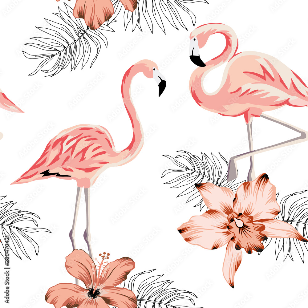 Obraz premium Tropical pink flamingo birds, hibiscus, orchid flowers bouquets, palm leaves, white background. Vector seamless pattern. Jungle illustration. Exotic plants. Summer beach floral design. Paradise nature