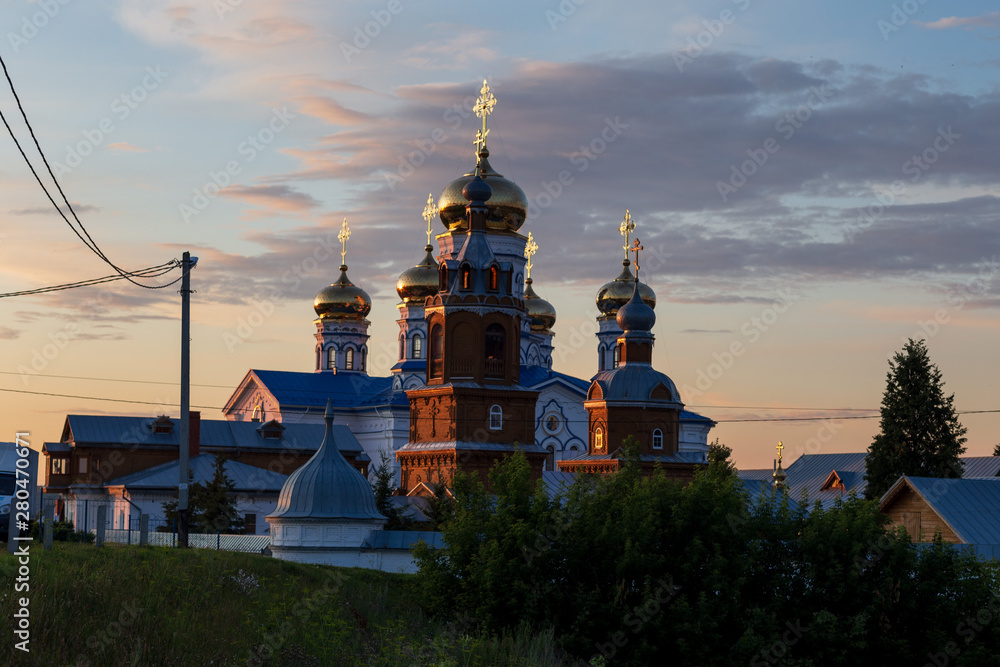 churches and their elements of the convent in the city of Tsivilsk in Chuvashia,filmed on a summer evening