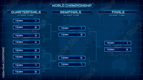 World championship blue template background screen. Holographic map with schedule. Championship bracket design concept. Eps10 vector