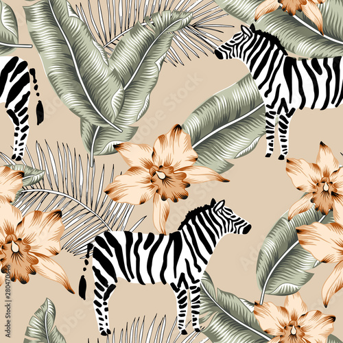 Tropical zebra, orchid flowers, banana palm leaves, beige background. Vector seamless pattern. Jungle illustration. Exotic plants, animals. Summer floral design. Paradise nature