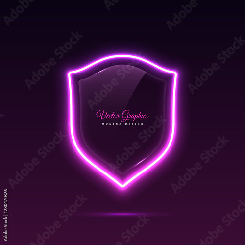 Glass banner shape shield. Transparent billboard with neon lights. Vector illustration.