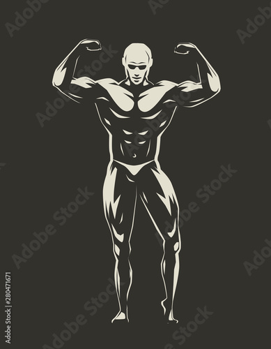 Muscular bodybuilder with hands up demonstrating strength. Gym, bodybuilding, sports concept. Vector illustration