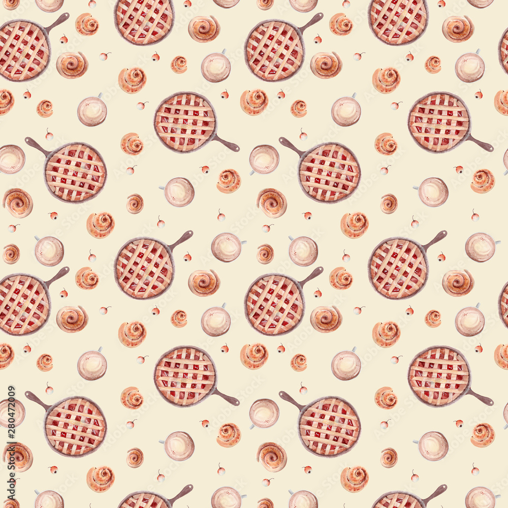 Watercolor seamless pattern with autumn pie.