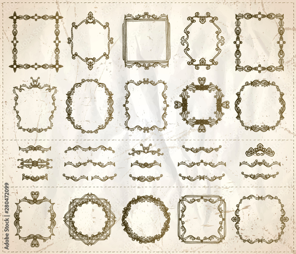Retro style graphic line monogram frames and dividers collection with old style paper Retro style graphic line monogram frames and dividers collection with old style paper