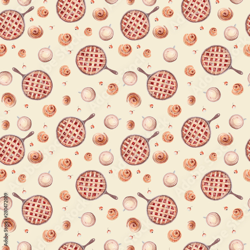 Watercolor seamless pattern with autumn pie.