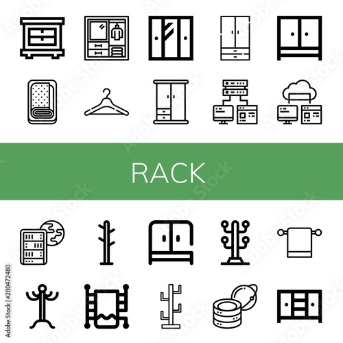 Set of rack icons such as Closet, Meatloaf, Wardrobe, Hanger, Computer storage, Global server, Coat rack, Heated towel rail, Coat stand, Towel hanger , rack