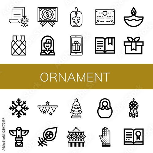 Set of ornament icons such as Certificate, Sweater, Native american, Fleur de lis, Gift, Wedding certificate, Diwali, Snowflake, Totem, Garlands, Dreamcatcher, Christmas tree , ornament