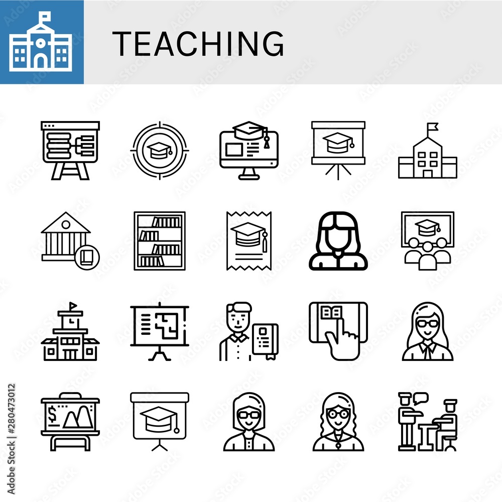 Set of teaching icons such as School, Presentation, Education, Bookcase, College, Teacher, Class, Student, Elearning, Blackboard , teaching Set of teaching icons such as School, Presentation, Education, Bookcase, College, Teacher, Class, Student, Elearning, Blackboard , teaching