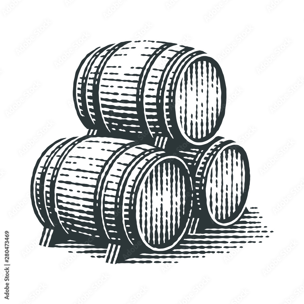 Wood barrels. Hand drawn engraving style illustrations. 