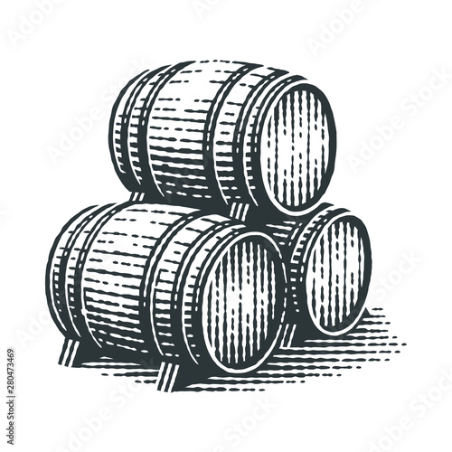 Valokuva Wood barrels. Hand drawn engraving style illustrations.