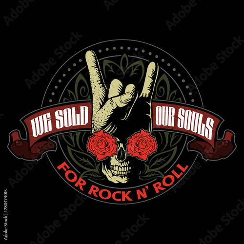 Hard rock, heavy metal, sign of the horns, rock sign hand with the skull, roses and ornaments, rock vector logo.