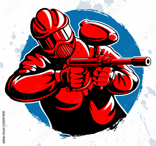 Paintball player with the ammunition an paintball gun, vector image.