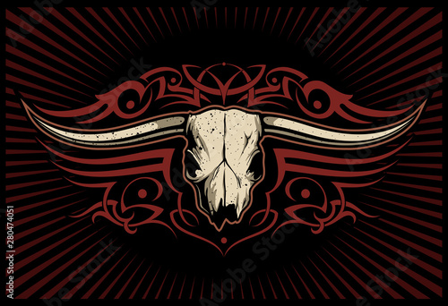 Bull skull with the tribal ornaments on the background, vector image.