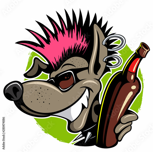 Cartoon, punk rock style dog with the beer bottle, vector image.