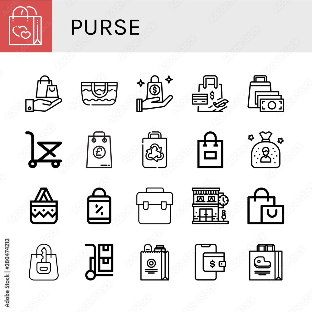 Set of purse icons such as Bag, Shopping bag, Beach bag, Trolley, Recycled Handbag, Clock shop, Wallet , purse Set of purse icons such as Bag, Shopping bag, Beach bag, Trolley, Recycled Handbag, Clock shop, Wallet , purse