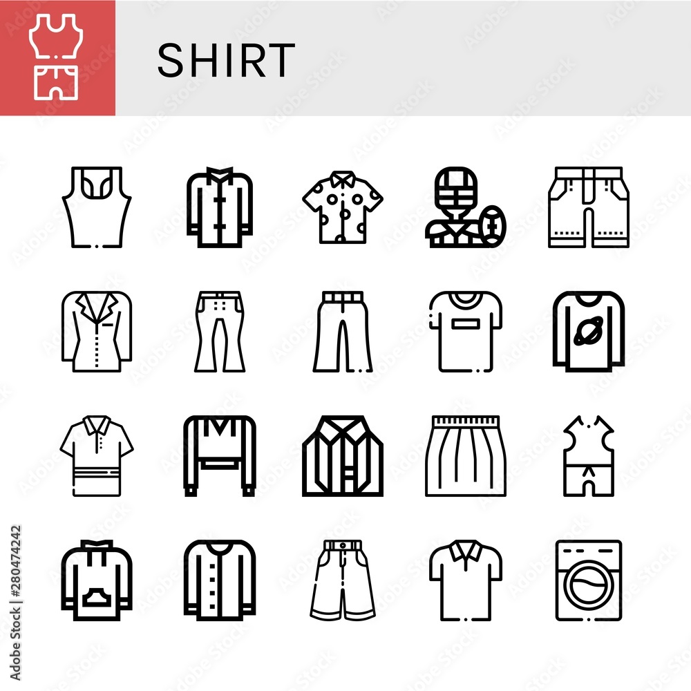 Set of shirt icons such as Clothes, Sleeveless shirt, Coat, Shirt, American  football, Shorts, Jacket, Jeans, Trousers, Tshirt, T Polo Sweatshirt,  Skirt, Cardigan , Stock Vector | Adobe Stock