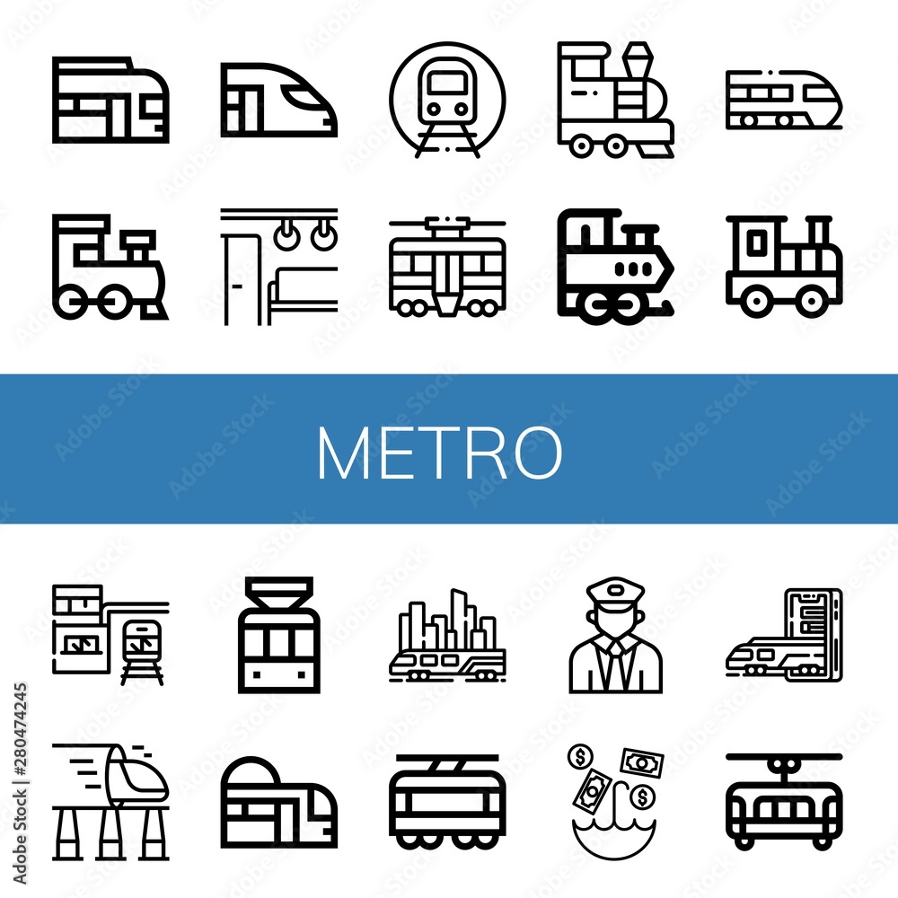 Set of metro icons such as Train, High speed train, Electric train, Subway, Tram, Railroad, station, Tramway, Skytrain, Umbrella , metro