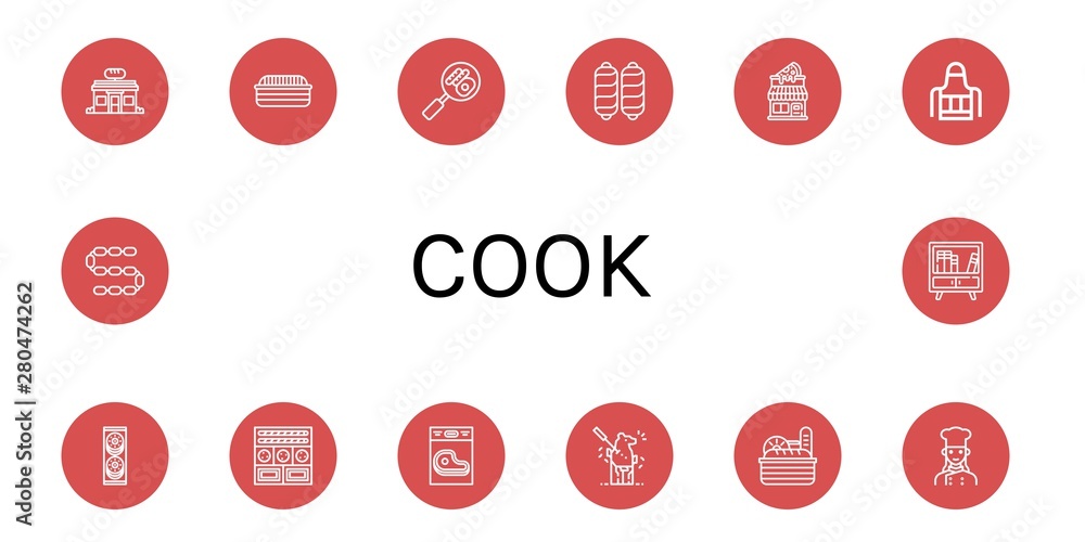 Set of cook icons such as Bakery, Bread, Buffet, Sausage, Pizza shop, Apron, Cookies, Steak, Carving, Chef , cook Set of cook icons such as Bakery, Bread, Buffet, Sausage, Pizza shop, Apron, Cookies, Steak, Carving, Chef , cook