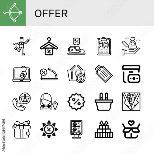 Set of offer icons such as Bow, Zumba, Discount, Guest list, Proposal, Shopping basket, Tag, Cash on delivery, Order, Seller, Gift, Summer sale , offer