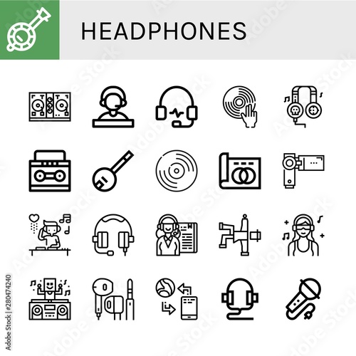 Set of headphones icons such as Banjo, Disc jockey, Receptionist, Headphones, DJ, Walkman, Vynil, Greyscale, Videocamera, Headphone, Hip hop, Earphone, Communication , headphones