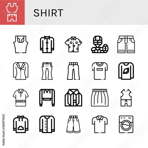 Set of shirt icons such as Clothes  Sleeveless shirt  Coat  Shirt  American football  Shorts  Jacket  Jeans  Trousers  Tshirt  T Polo Sweatshirt  Skirt  Cardigan  
