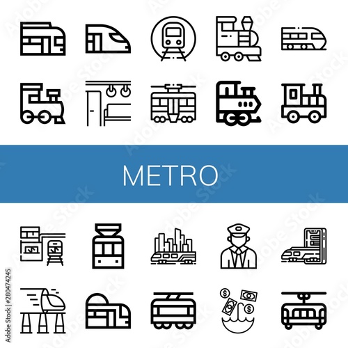 Set of metro icons such as Train, High speed train, Electric train, Subway, Tram, Railroad, station, Tramway, Skytrain, Umbrella , metro