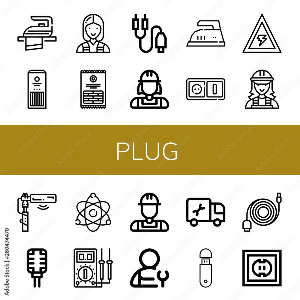 Set of plug icons such as Iron, Sticks, Electrician, Jack connector, Plumber, Plug, Voltage, Microphone, Atomic energy, Multimeter, Usb, Data cable, Socket , plug