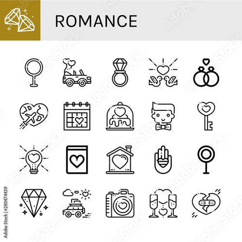Set of romance icons such as Diamond, Transvestite, Wedding car, Wedding ring, Love, Honeymoon, Wedding day, Groom, Romantic novel, Heart, Romantic, Broken heart , romance